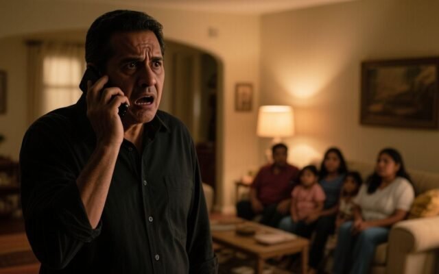 Reunión familiar en un comedor, un hombre al teléfono con expresión de shock y familiares observando con preocupación