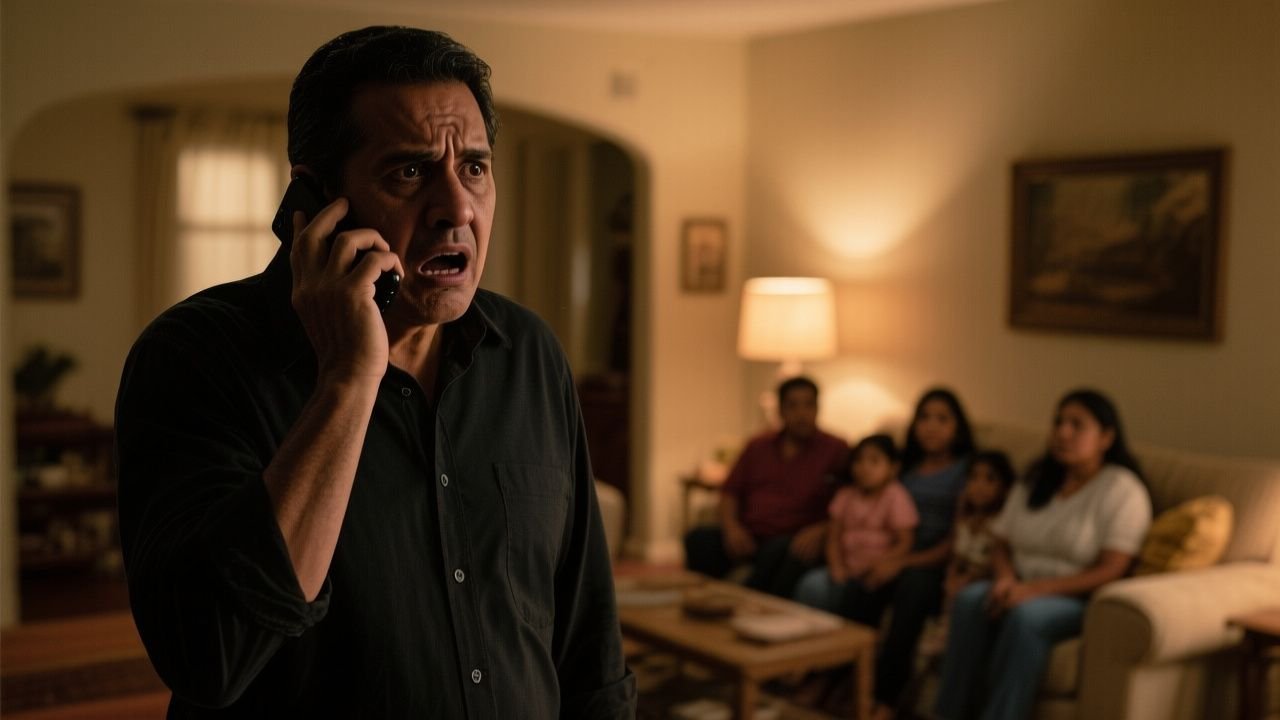 Reunión familiar en un comedor, un hombre al teléfono con expresión de shock y familiares observando con preocupación