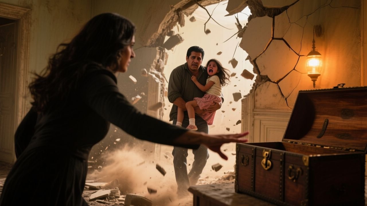 Padre rescatando a su hija de entre los escombros de una casona abandonada mientras sostiene un cofre de madera antiguo